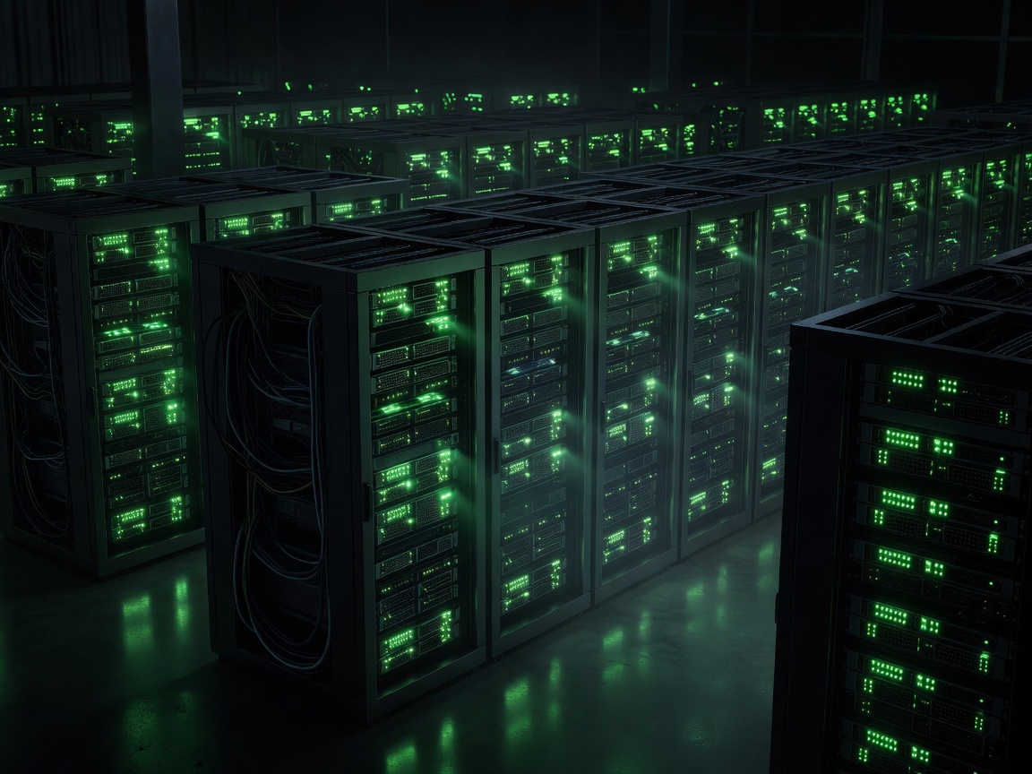 Dark server room with glowing green rack LEDs highlighting enterprise data infrastructure